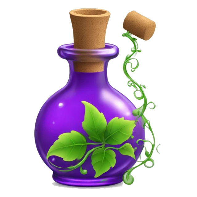 A glass potion bottle with a cork, filled with swirling purple liquid that has beautiful green vines wrapping around the bottle sticker