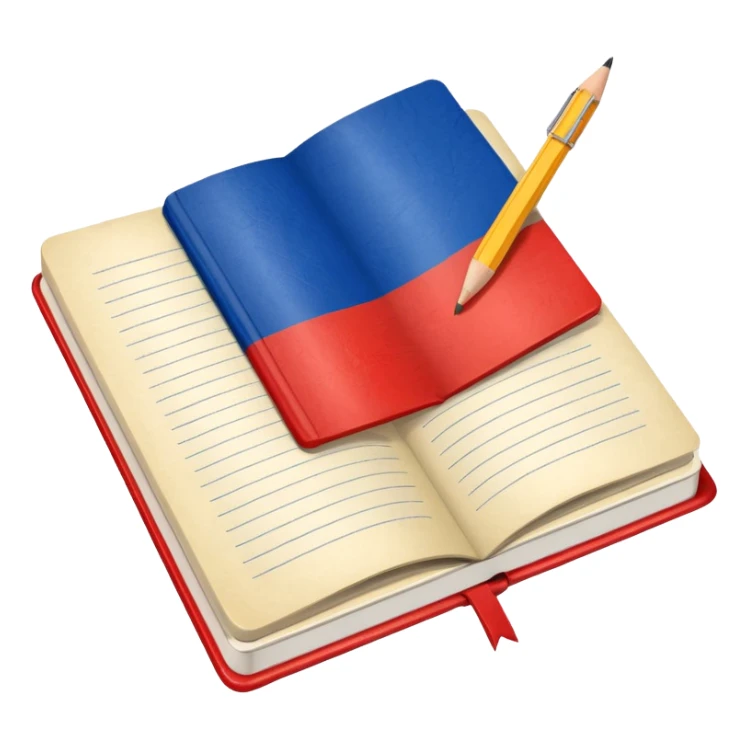 book with Russian flag colors, open notebook and pencil nearby sticker