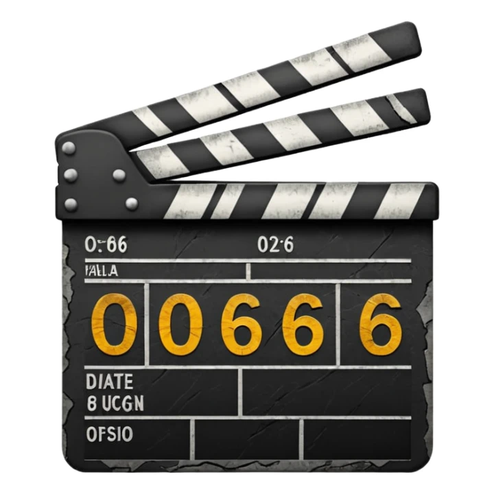Minimalist emoji-style sticker of a cracked movie clapperboard with the date “06/06/66”, faint scorched marks, all in grayscale


 sticker