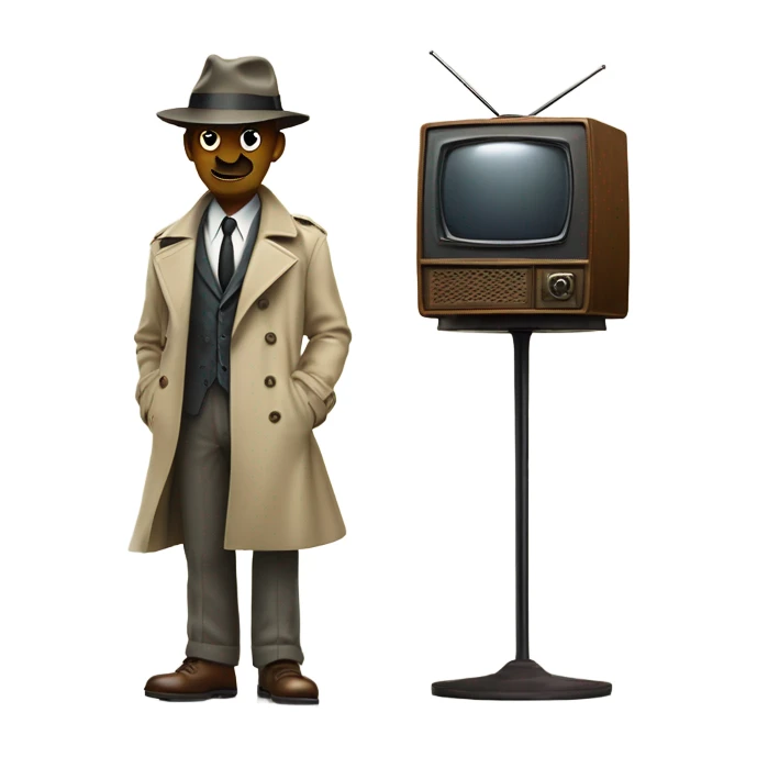 white detective standing in anticipation behind a vintage TV set sticker