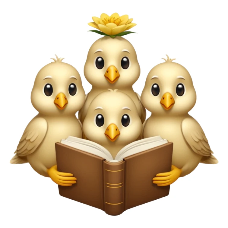 3 beige Birds reading books + yellow flower sticker