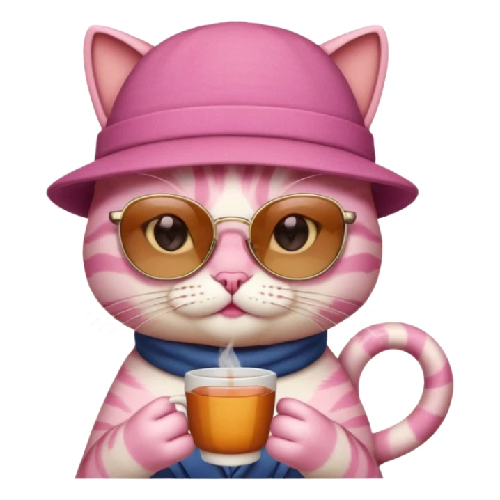 Pink cat with hat, holding cup of tea, wearing sunglasses sticker