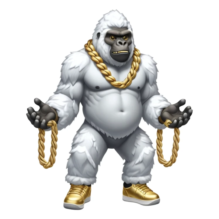 Snow elemental shaped more like a gorilla—think tall, jointed limbs, maybe even facial expressions made of snow flaunting money wearing gold rope chain with jacket and Jordan sneakers sticker