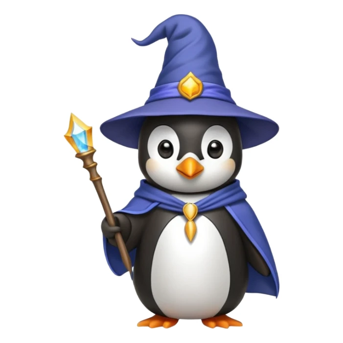 Penguin wearing wizard hat and robe holding a magic wand sticker