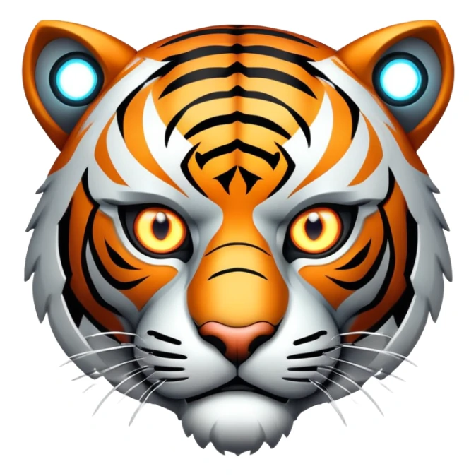 cyborg tiger face with robotic parts and glowing eye for Twitch emote sticker