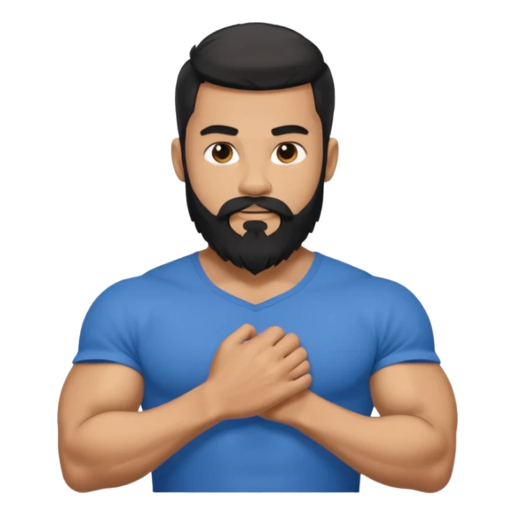 generate an ios genmoji of a 20 year old tan boy with long long long black beard that reaches his chest. Big biceps. wearing a blue shirt that fits his arms sticker
