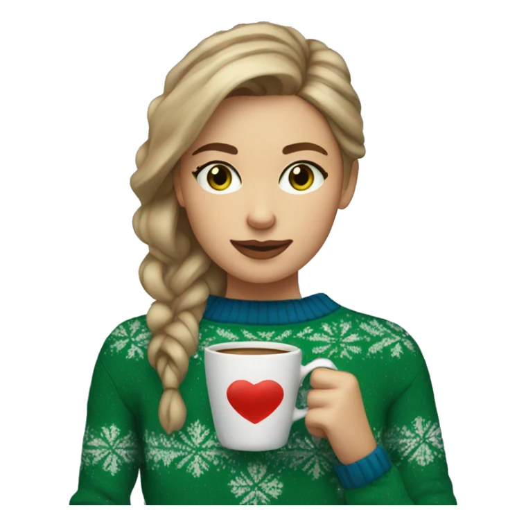 Light brown short haired girl with green eyes drinking coffee wearing blue Christmas sweater sticker
