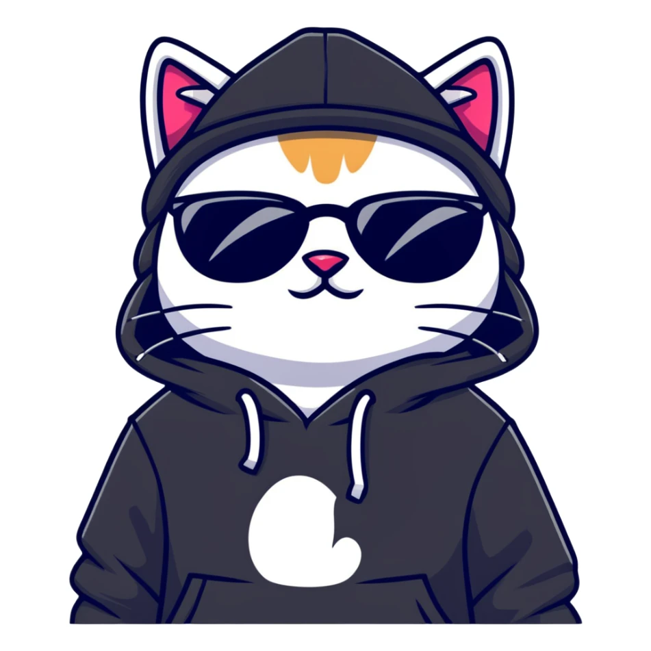 cat wearing a black snapback cap, black hoodie, and black sunglasses low on his nose that he is peering over, doing graffiti art with spray paint, street art style sticker