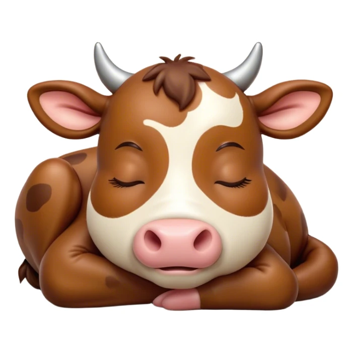 Meme-Worthy Cute Sleeping Brown Cow Portrait Emoji, Head resting peacefully with a contented smile, showcasing a robust build and a luxuriously soft deep brown hide, eyes shut in a serene, restful nap, Simplified yet hilariously adorable features, highly detailed, glowing with a soft, drowsy light, high shine, relaxed and utterly lovable, stylized with an air of playful laziness, bright and heartwarming, soft glowing outline, capturing the essence of a comically sleepy cow, so meme-worthy it feels like it could instantly become the next viral sensation of adorable slumber! sticker
