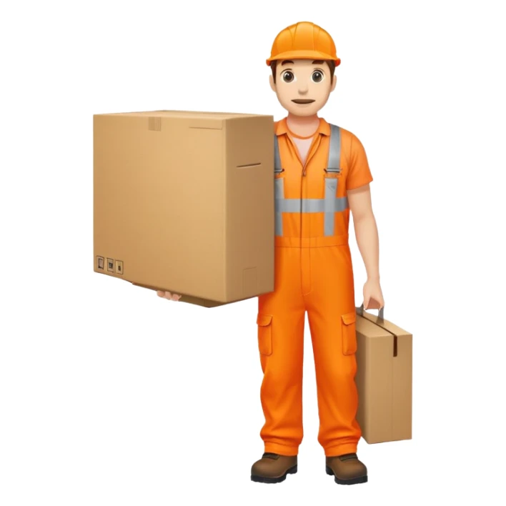 man standing facing sideways, wearing orange hi visibility overalls, carrying a large box sticker