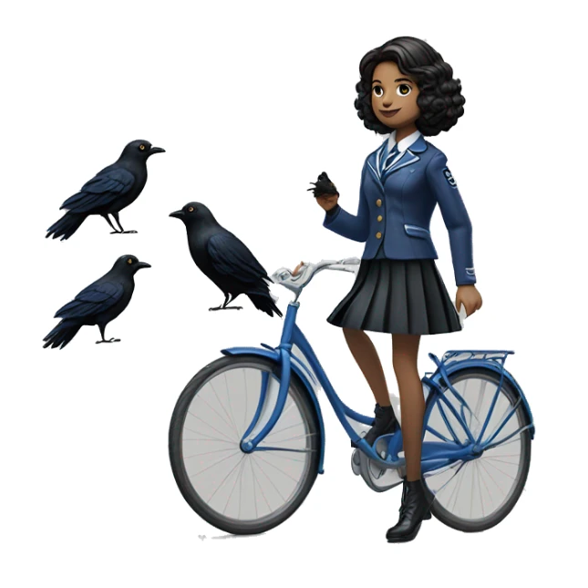 Silkstone enid sinclair from academy in blue and black vertically-striped school uniform skirt with jacket riding bikes with crows sticker
