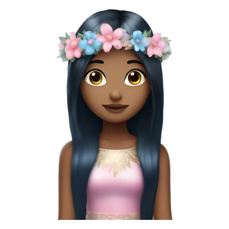 Fairy girl with straight long black hair, blue eyes, medium light skin, sparkly wings, a pink and blue dress and a flower crown and blue eyes sticker