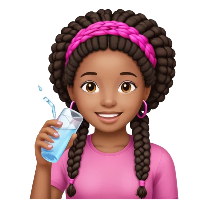 A young afro girl with African braids drinking Water. She has a happy face and is dreesed on pink sticker