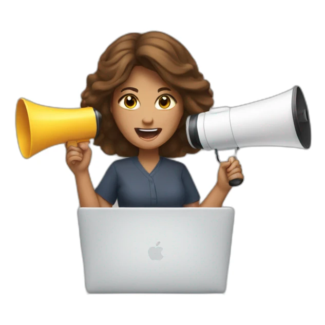 a woman WITH A MEGAPHONE and a macbook, brown hair sticker