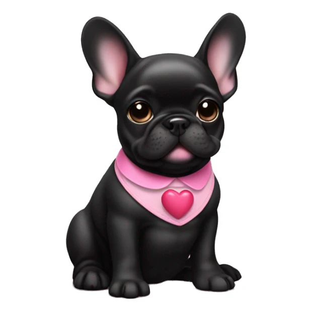 Solid black Frenchie pup with pink collar with a small heart sticker