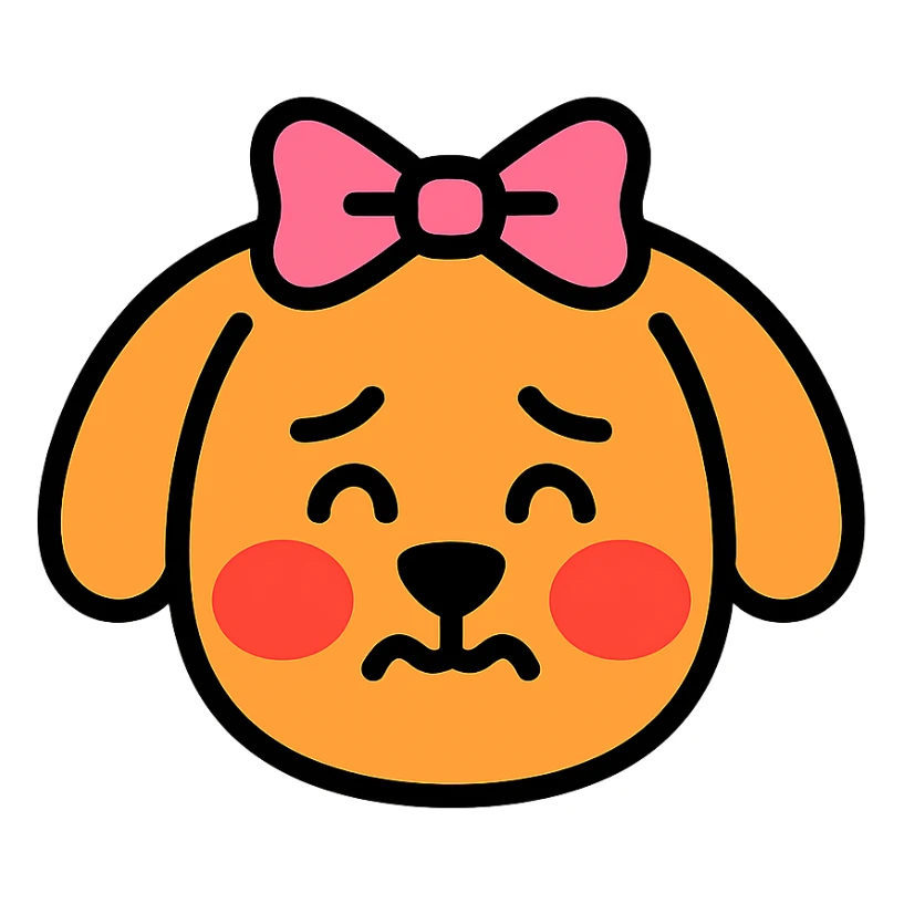 blushing, embarrassed dog with a ribbon on its head, soft colored filled and black outlined icon style sticker