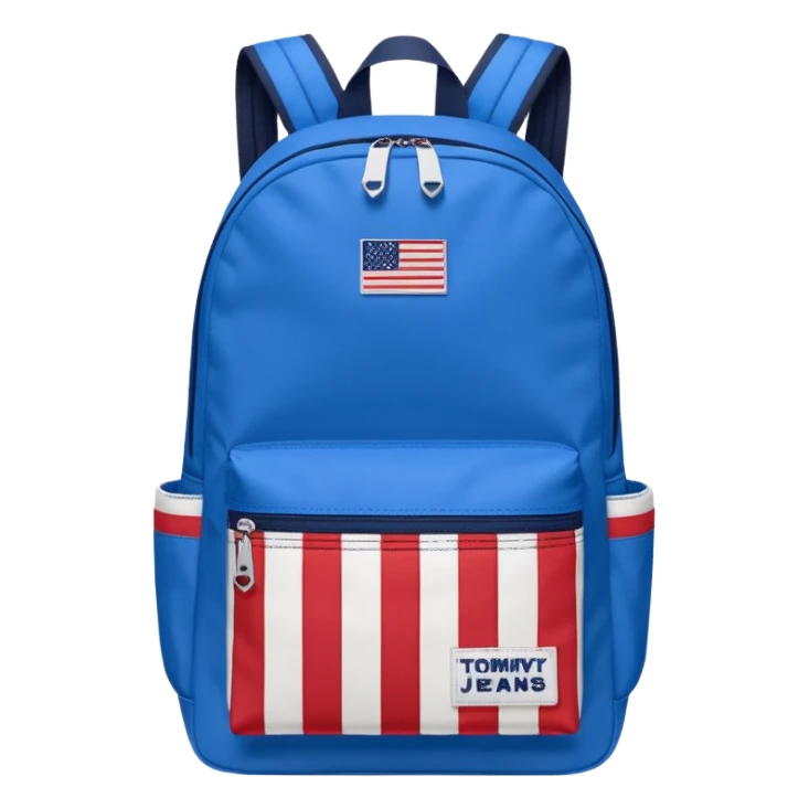 simple blue backpack, at the bottom pocket there is a  tommyjeans logo featuring a Tommy Jeans-inspired logo. The logo looks like a vertically-striped American flag in red, white, and navy. The flag stripes are vertical, not horizontal. Flat

 sticker