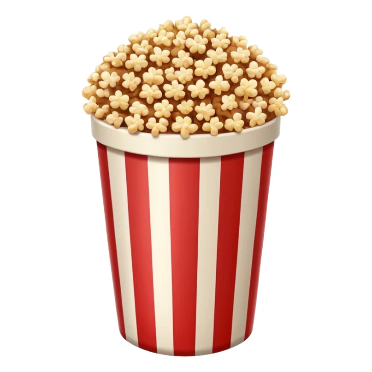 brown popcorn in a paper jar with red and white vertical lines sticker