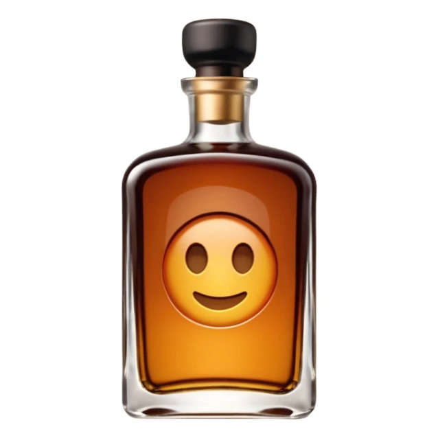 short square-shouldered glass bottle filled with rich amber-brown liqueur, dark glossy glass, wide black or dark brown cap, compact elegant silhouette, no label, no garnish, sealed bottle, soft lighting, subtle shadows, emoji scale sticker