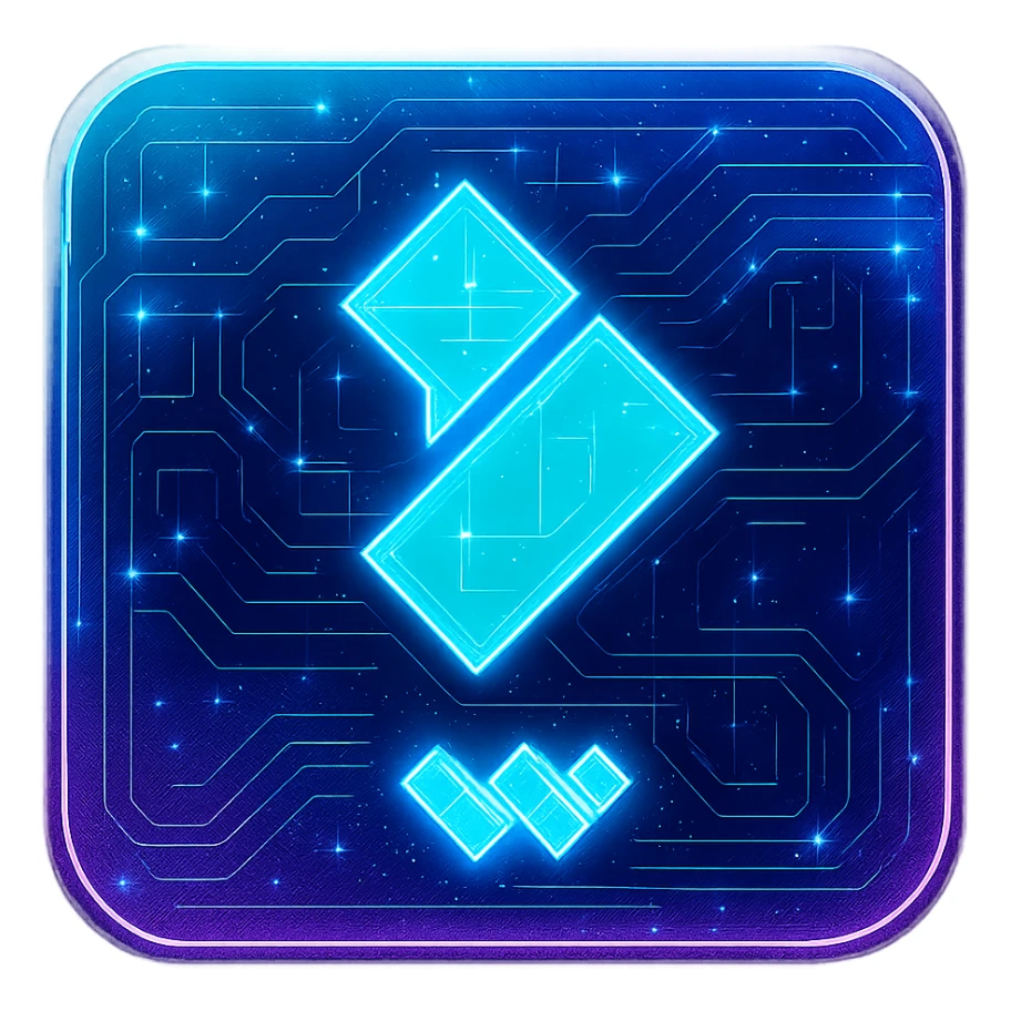 Transform the Wondershare Filmora logo into a cyberpunk style matching the folder icon's look. Use a solid, filled-in dark blue square with rounded corners as the background, just like the original icon. Center the Filmora logo inside the square, maintaining its original colors and shapes. Overlay strong neon blue and pink glow, holographic circuit patterns, and a luminous effect across the entire square and logo. Keep the style flat, clean, and futuristic without 3D shading. The area outside the square should be transparent. sticker