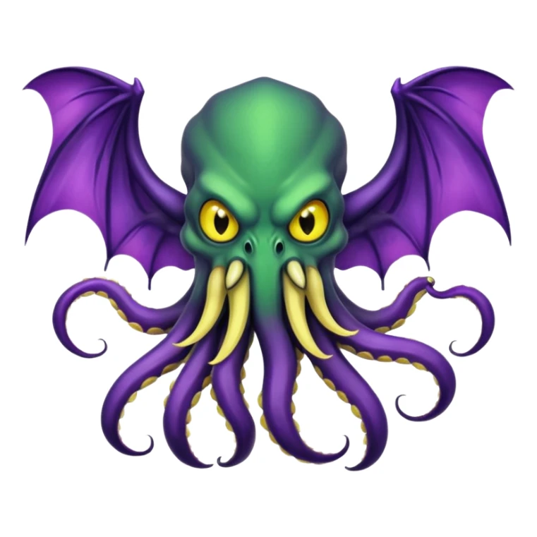 deep green Cthulhu with purple bat wings and purple gradient tentacles. Yellow angry eyes. yellow suckers on tentacles. dramatic ominous shading. two saber-teeth sticker