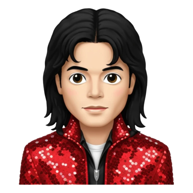 Michael Jackson with black long hair, red sequin jacket, black shirt, light skin sticker