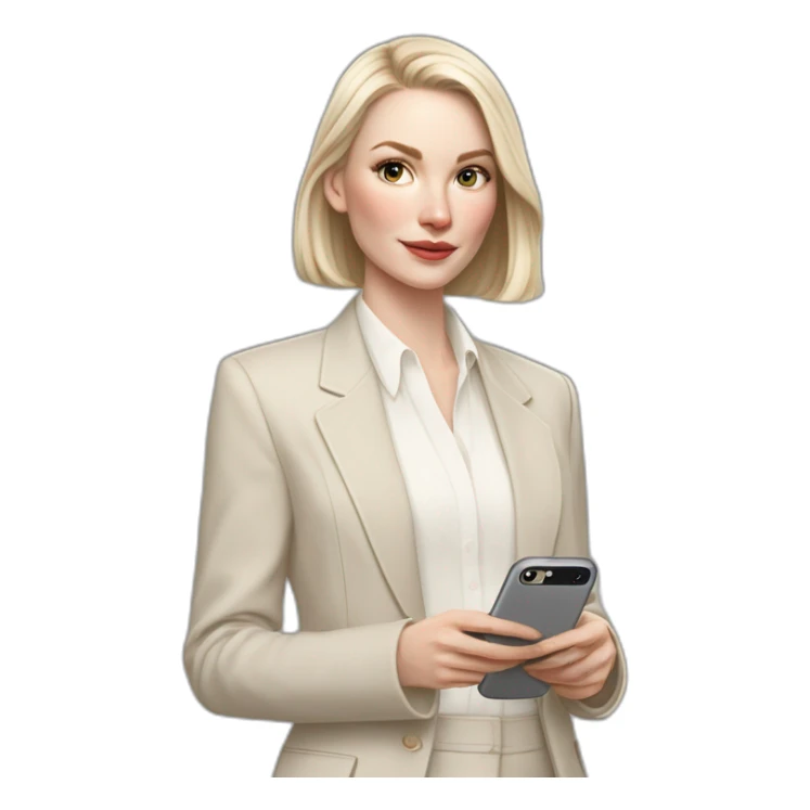 pale skin woman with ash blonde Straightened bob Hair, White Spacious classical jacket, beige palazzo Arrow pants and gray blouse holding white IPhone 15 pro in the hands sticker
