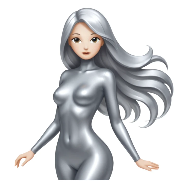 abstract sensual body silhouette, liquid silver chrome, smooth curves and posing, long metallic chorme hair sticker