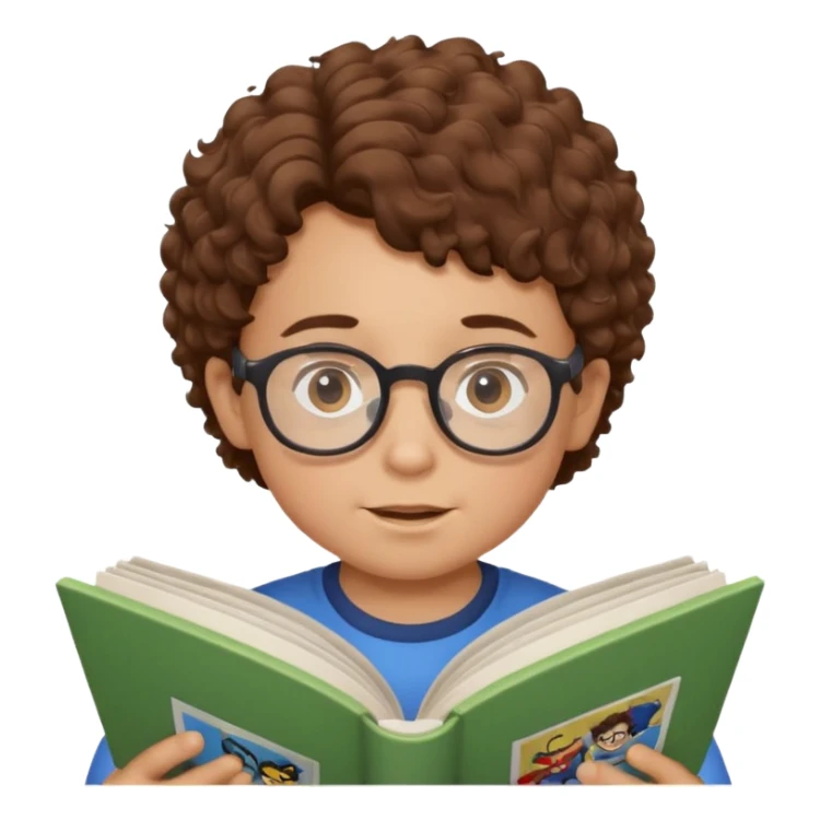 little boy with brown curly hair, wearing glasses, reading comic book sticker