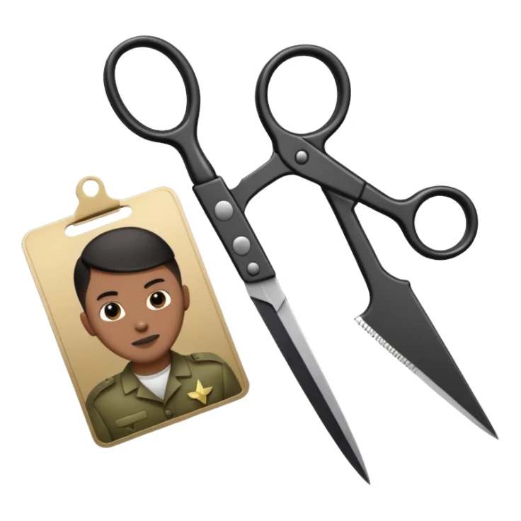 Floating black Scissors cutting an idf soldier ID card in 2 parts .hyper realistic sticker