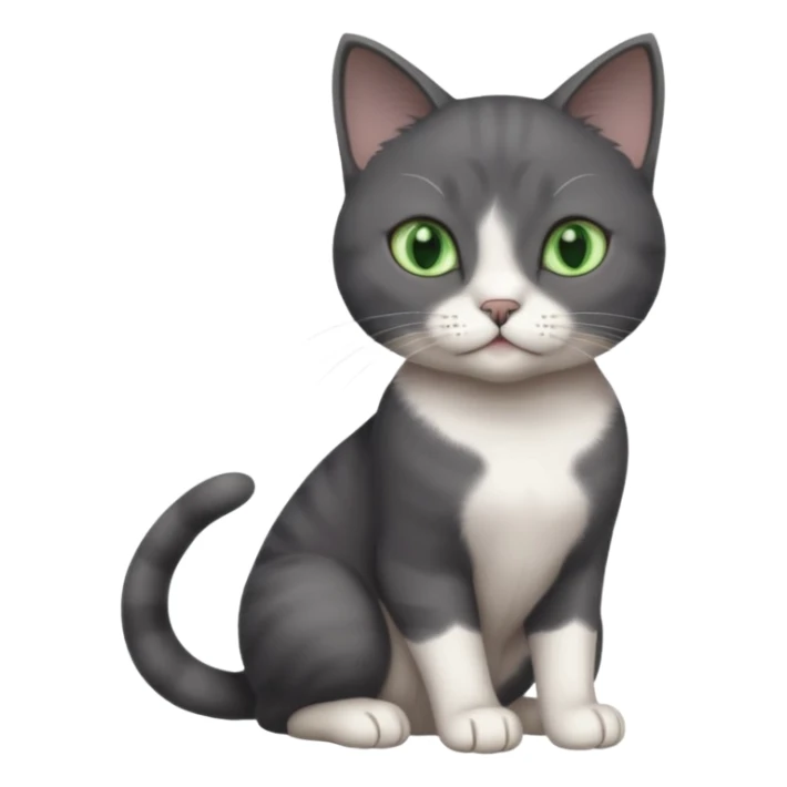 beautiful female solid dark grey cat with green eyes, white toes/paws and white patch on her chest playing sticker