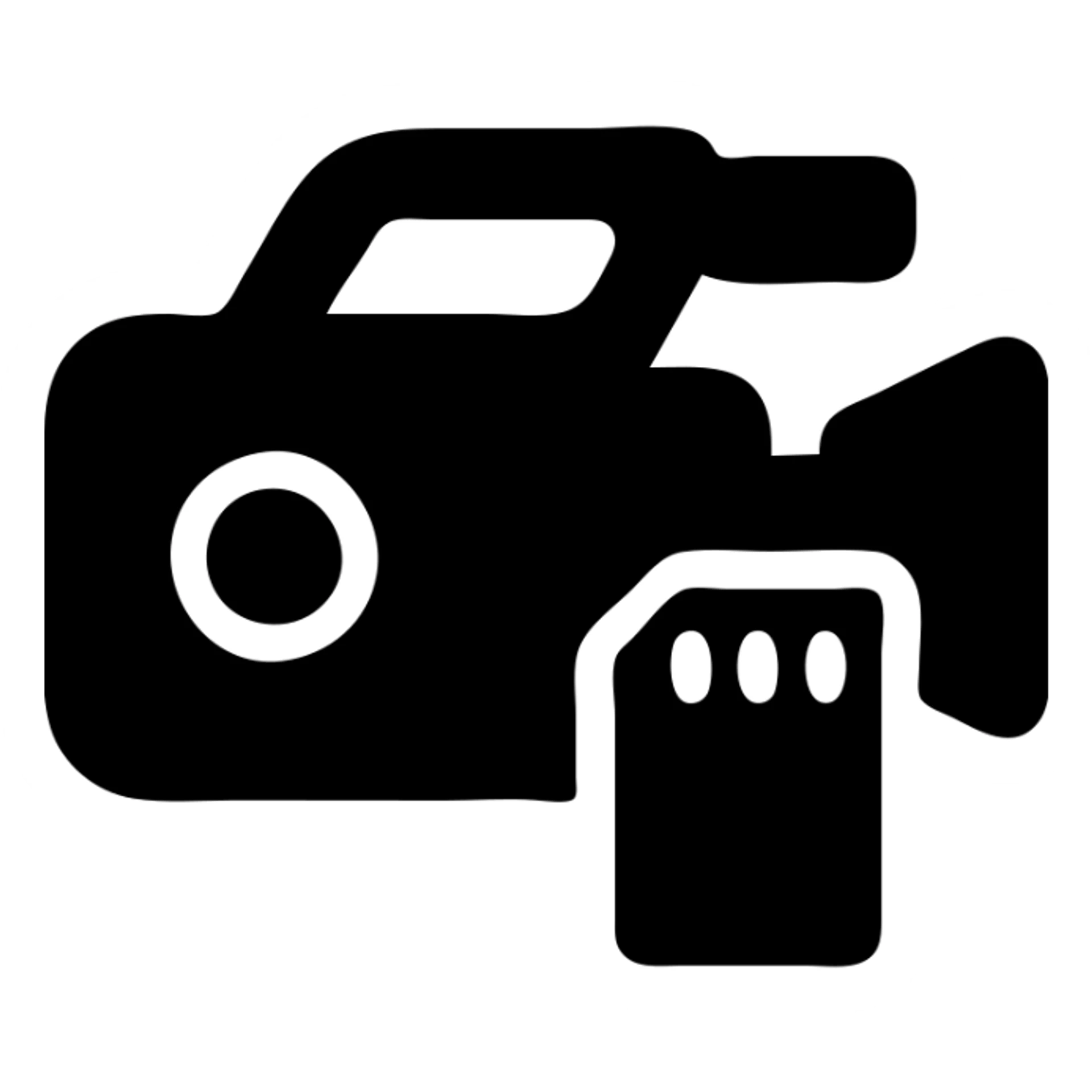 A Sony video camera in a black filled icon style, with a memory card. sticker