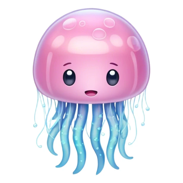 Cinematic floating kawaii jellyfish, tiny round body, soft glowing tentacles, pastel pink and blue hues, delicate sparkling highlights, dreamy and adorable. sticker