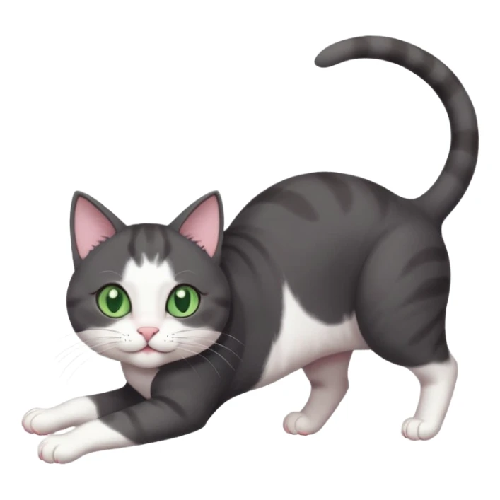beautiful female solid dark grey cat with green eyes, white toes/paws and white patch on her chest playfully rolling upside down sticker