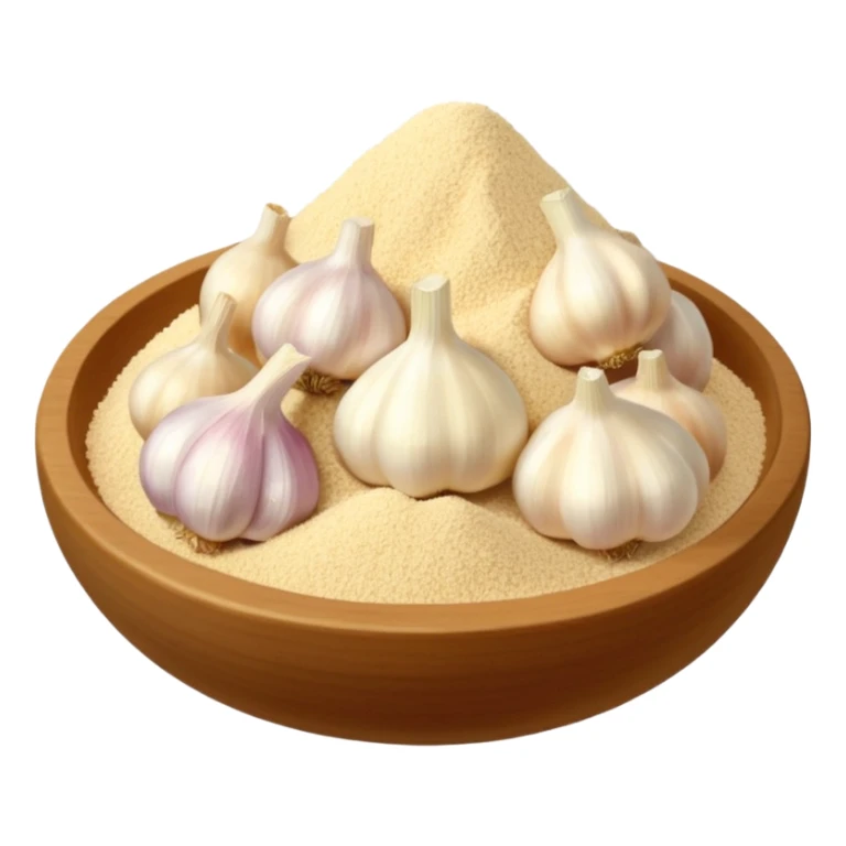 garlic powder pile, pale beige, fine dry texture, matte, tiny uniform grains, smooth rounded mound, no spoon, garlic bulb, or container, just the powder, apple emoji style, soft lighting, transparent background, emoji scale sticker