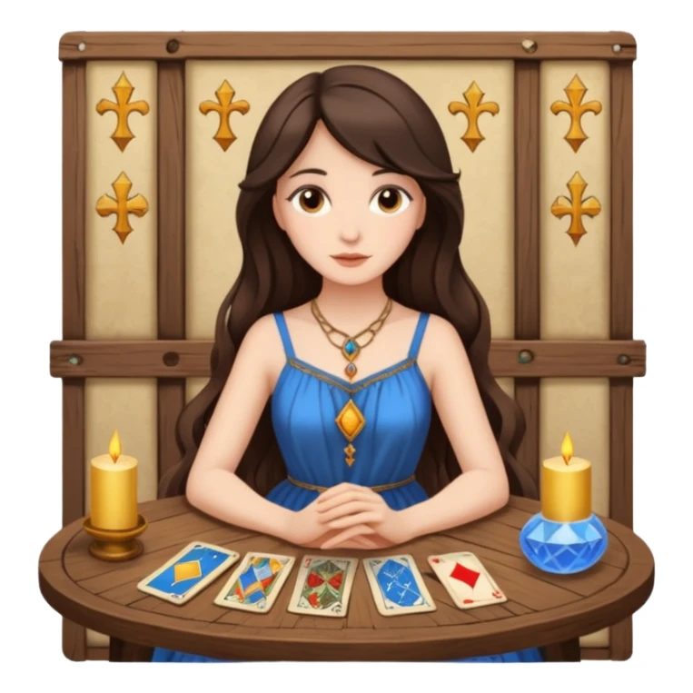 Create a brunette girl with brown eyes sitting at a table with tarot cards. sticker