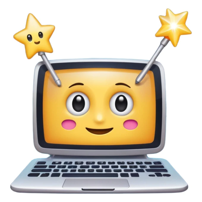 cheerful 2D cartoon emoji of a computer with friendly eyes and a magic wand, surrounded by sparkles, representing AI-generated content in a fun way, in the style of standard Slack emojis sticker