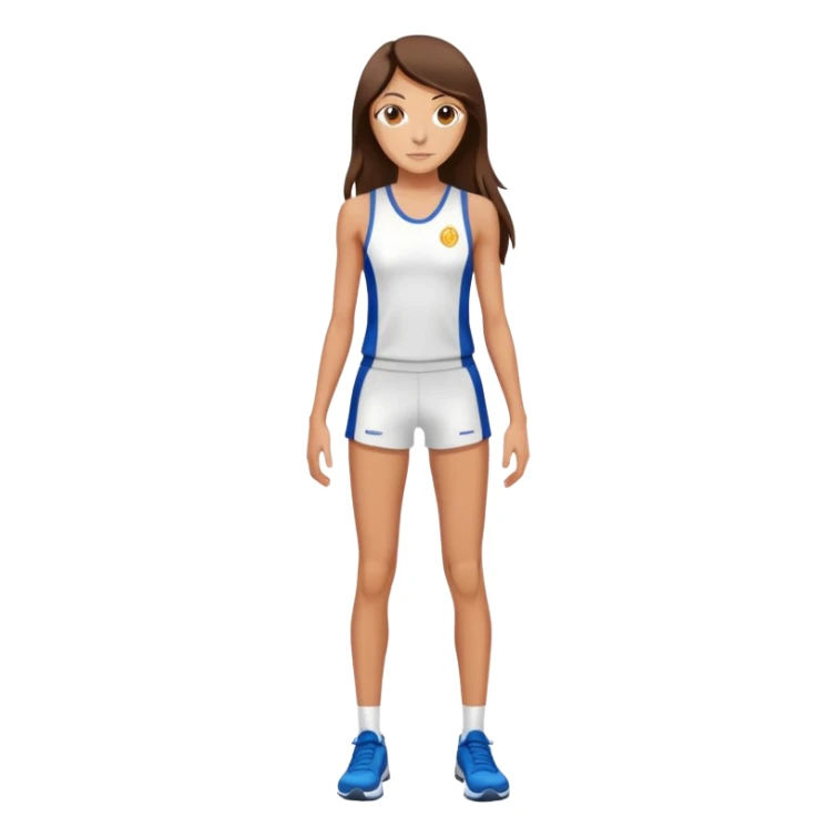 short skinny brunette with long hair, slim weigh sunburn with tan lines in a track uniform sticker