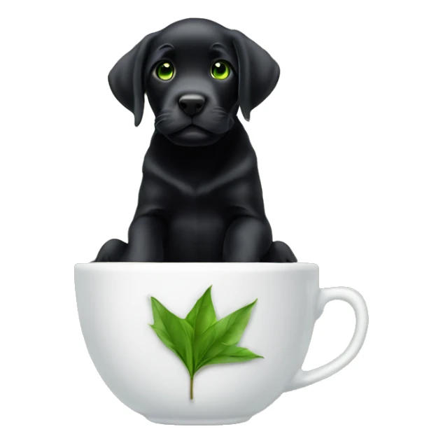 a black labrador puppy with green eyes sitting in a tea cup sticker