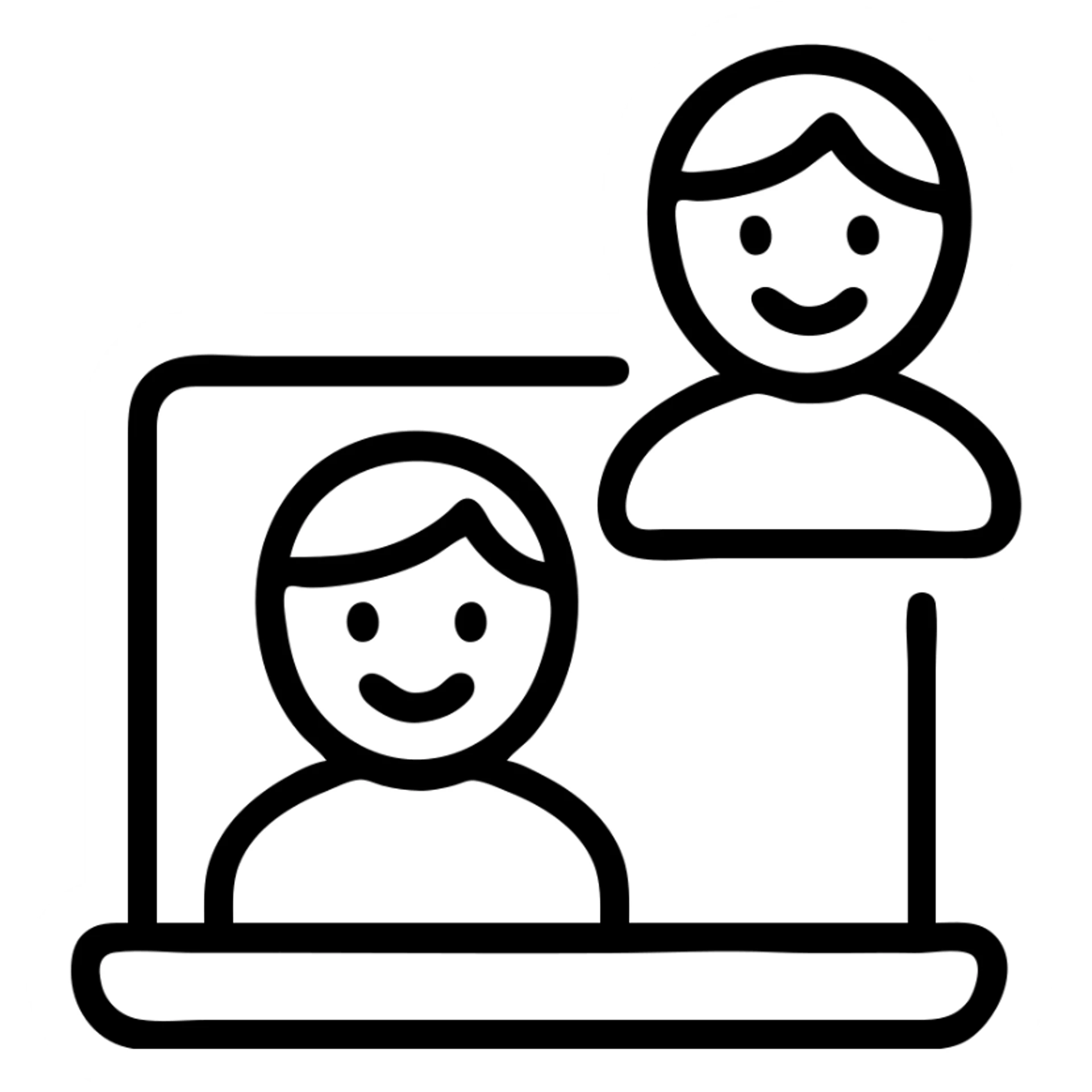 Minimalist illustration of a virtual meeting with two smiling individuals, one on a laptop screen, expressing connection and communication. sticker