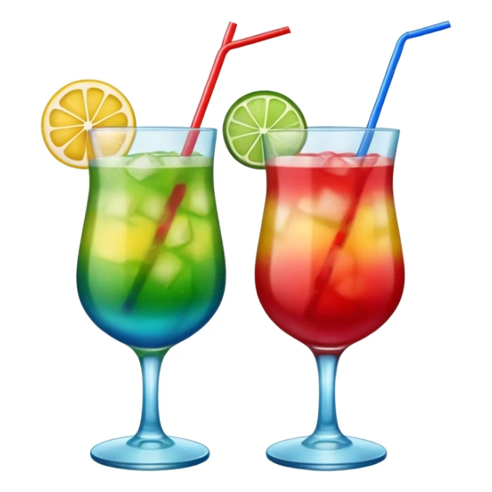 Create two emoji of clear red blended yellow cocktail, cheers with blue blended green cocktail, without any fruit, without skewers, without tube sticker