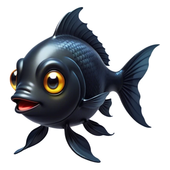 Cinematic Comical Black Goldfish Portrait Emoji, Head tilted dramatically with an exaggeratedly amused expression, featuring a striking, glossy deep black body with vibrant, fluttering fins, wide, expressive golden eyes filled with playful disbelief, Simplified yet hilariously expressive features, highly detailed, glowing with a slightly sassy glow, high shine, dramatic yet playful, stylized with an air of cheeky mischief, bright and endearing, soft glowing outline, capturing the essence of a spirited and over-the-top goldfish, so meme-worthy it feels like it could side-eye its way into internet fame instantly! sticker