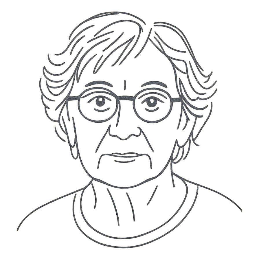 a hand drawn black outline portrait of philosopher Catherine Larrère with similar-sized eyes based a famous portrait of her sticker