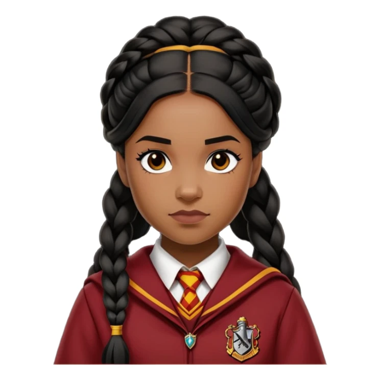 Angelina Johnson in harry potter, wear hogwarts gryfindor uniform,  thick, black hair worn in braids, reflecting her bold, stylish, and strong personality sticker