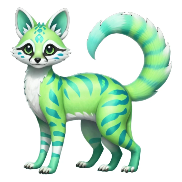 Rare realistic iridescent neon lime-green & cyan white gradients lush tropical exotic cute epic pretty beautiful handsome gorgeous aesthetic colorful vibrant Vernid-Protogen-Primagen-Wickerbeast-Genet-Trico-species-Fakemon-hybrid-creature by LiLaiRa, beautiful intricate markings, full body sticker