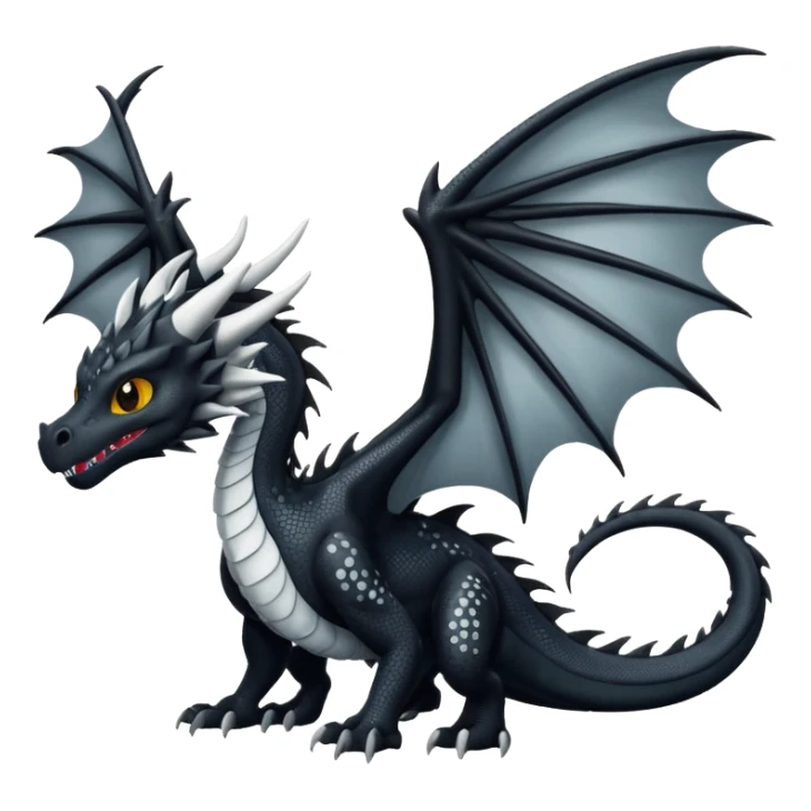 A dragon that is  black 🖤 with white spots. HUGE wings and a tail sticker