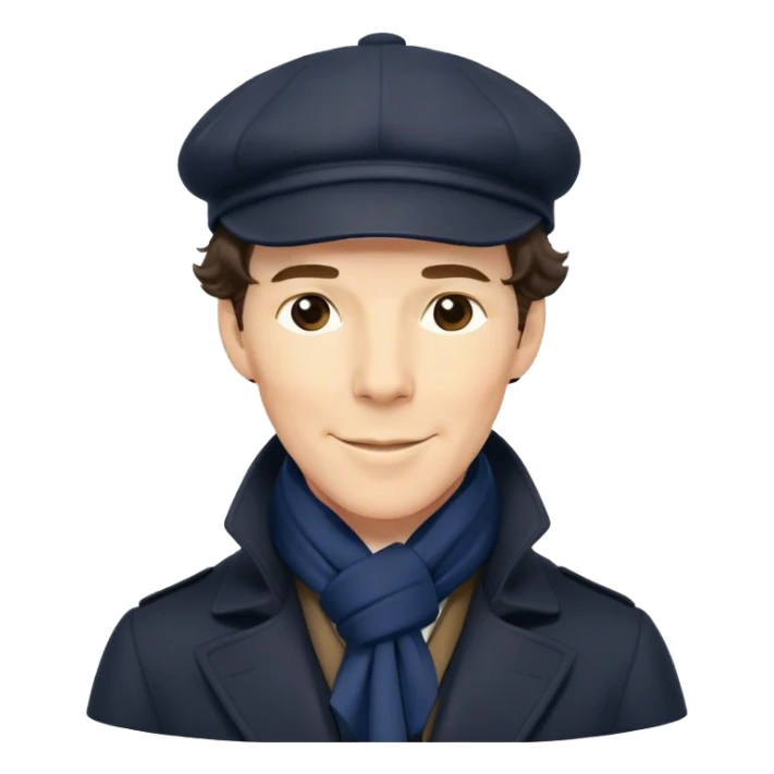 sherlock holmes benedict cumberbatch smile, wearing a deerstalker hat, Long dark coat, Dark suits, dark Blue scarf sticker
