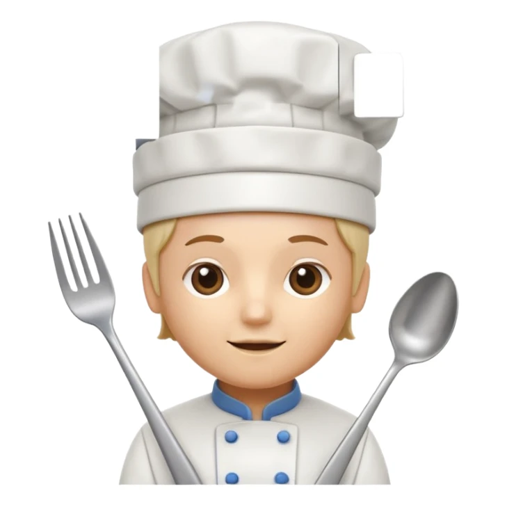 rounded square mobile app logo design, 3d icon of a chef's hat and a fork combined, subtle gradient, minimal soft blue background, flat design, clean, professional food service icon sticker