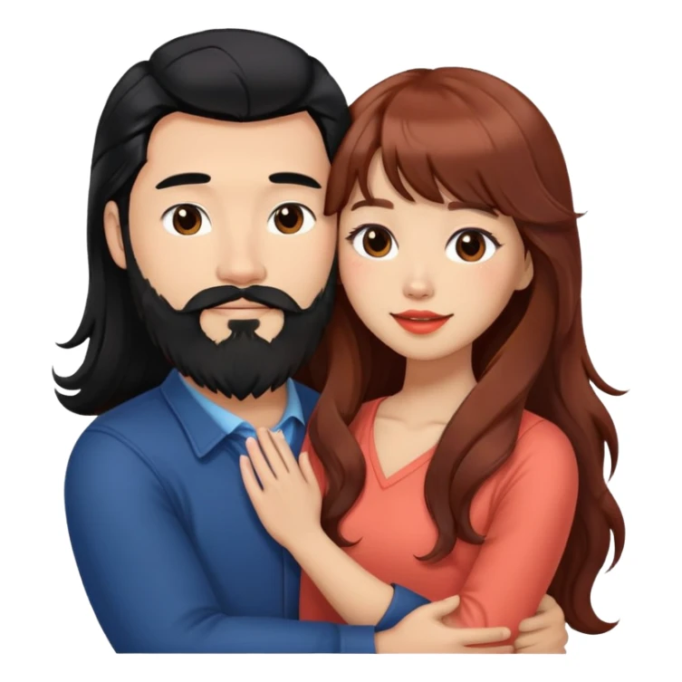 handsome mixed white asian man with long black hair and beard, hugging cute tan skin woman with long wavy reddish brown hair with bangs and coral lipstick sticker