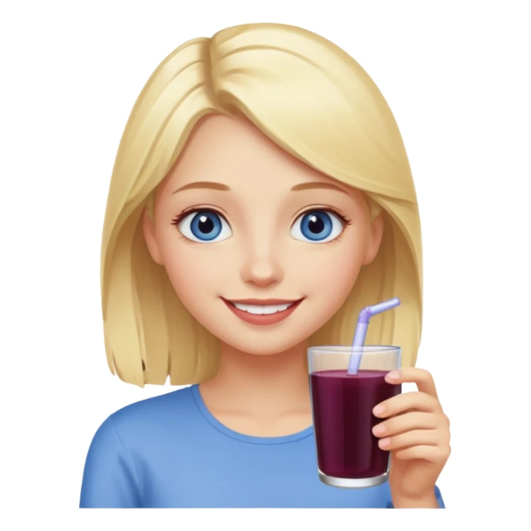 blonde girl with blue eyes drinking elderberry juice, smiling sticker